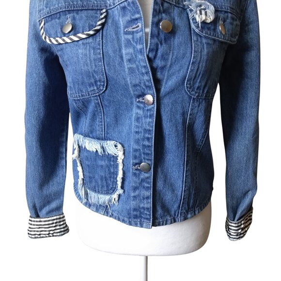 Samantha Sipos Women’s XS  Embroidered Girls Blue Gingham Distressed Jean Jacket - Picture 3 of 7